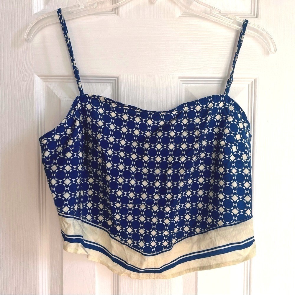 Sienna Sky Smocked Cami Crop Top Handkerchief Hem Large Boho Blue Geometric NWT